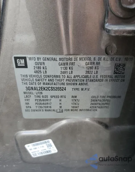 2012 Chevrolet Captiva Sport из США, поврежденный, VIN 3GNAL2EK2CS526524